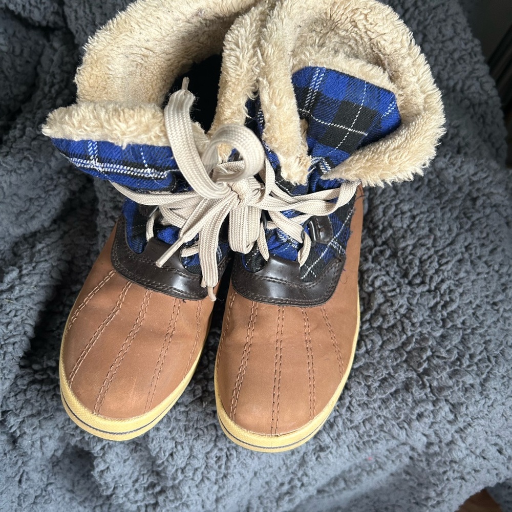 Brown and Blue Plaid Winter Boots